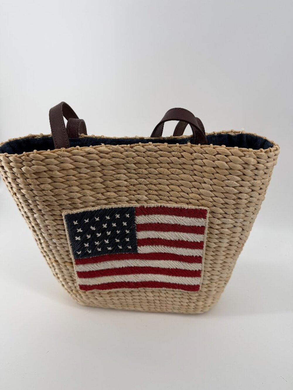 Vintage U.S. Flag Straw & Leather Summer Patriotic 4th of July Beach Tote Purse